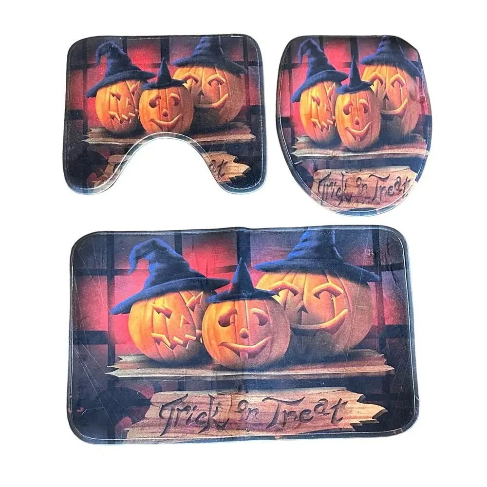 Halloween Trick -Or -Treat Pumpkin Witches Bathroom Mat Set, Toilet Cover, Rug
